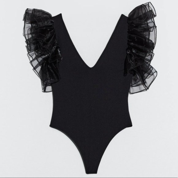 Zara Tops - Zara Ruffled Organza Bodysuit Black Size Medium